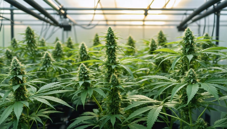 Close-up of cannabis plant showing healthy growth with solar panels visible in background