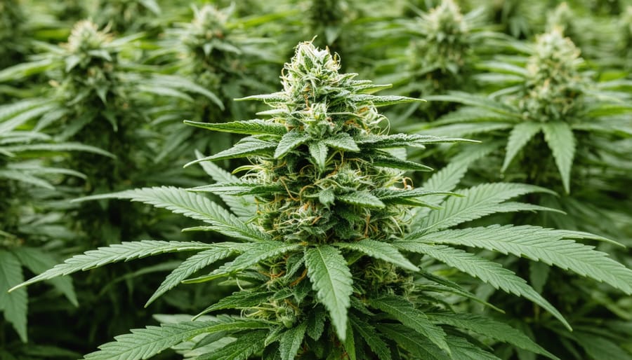 Cannabis farmer standing in front of small greenhouse facility with solar panel array