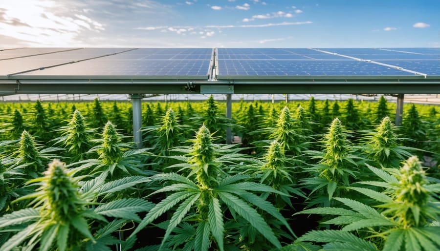 Aerial view of cannabis greenhouse facility with extensive rooftop solar panel installation