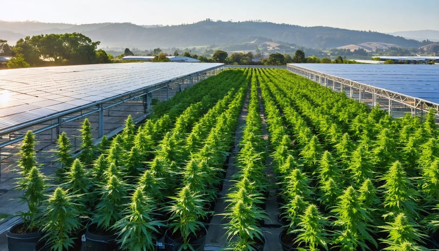 Elevated wide shot of a cannabis greenhouse complex with rooftop solar panels and an adjacent solar array, lush green cannabis plants in the foreground, under warm golden hour light against rolling hills.