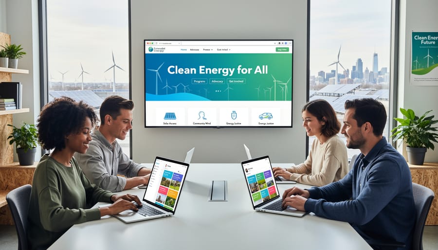 Person viewing clean energy nonprofit website on smartphone with solar panels in background