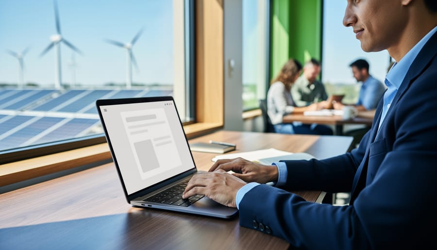 Nonprofit staff member updating organization profiles on a laptop at a sunlit desk, with rooftop solar panels and distant wind turbines visible through the window and colleagues collaborating in the blurred background.