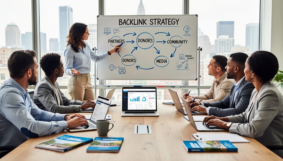 Diverse nonprofit team members collaborating on digital strategy around laptop