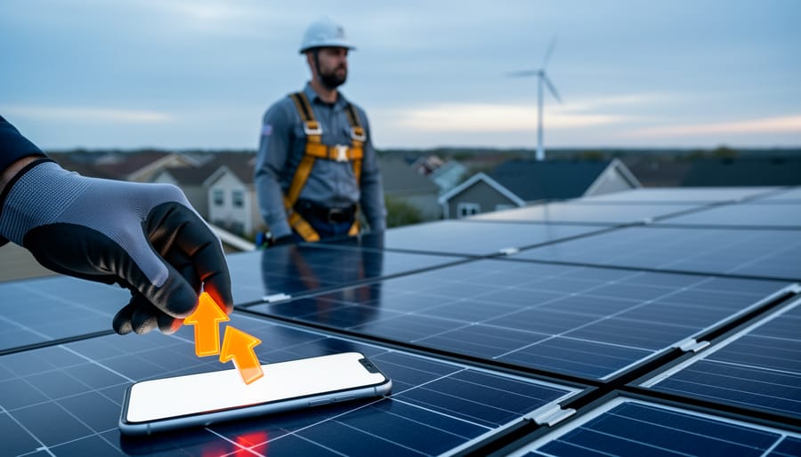 Eye-level photo of a rooftop solar installer beside blue panels while a gloved hand in the foreground drops glossy orange arrow-shaped tokens onto a blank smartphone screen, with blurred neighborhood roofs and a distant wind turbine in soft late-afternoon light.