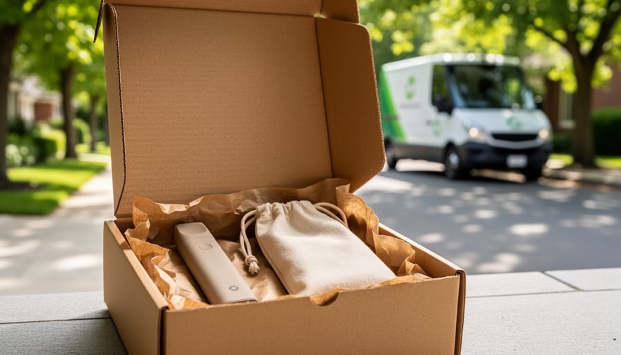 Open recyclable cardboard box on a doorstep containing an unbranded refillable vape device in paper packing with a reusable cloth pouch, with a blurred electric delivery van and tree-lined street in the background under soft daylight.