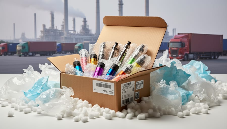 Cardboard shipping boxes and packaging materials representing the environmental cost of online shopping