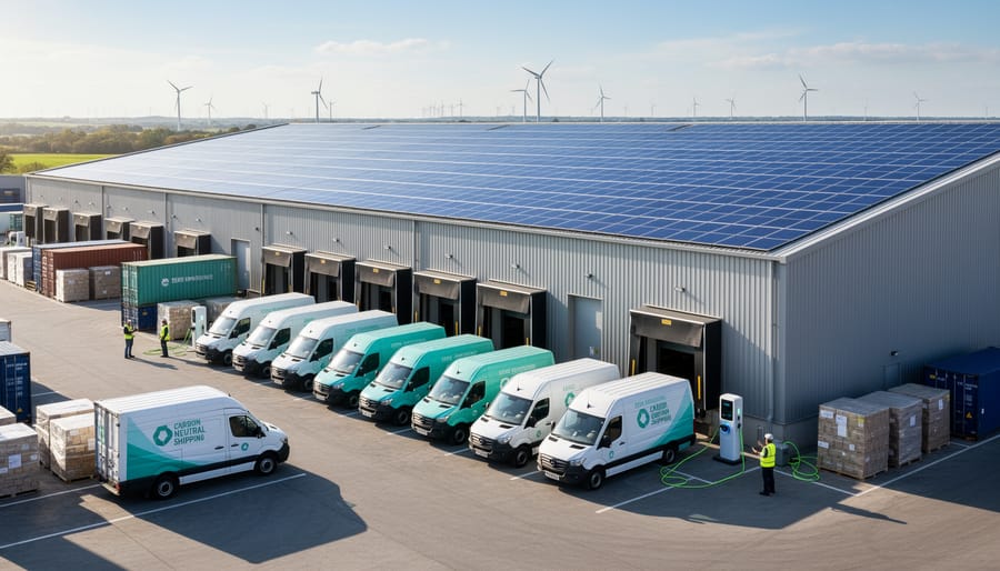 Solar panels installed on warehouse rooftop generating clean energy for carbon-neutral operations