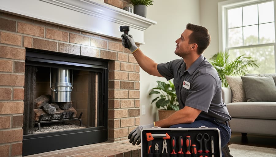 Homeowner's hands installing metal chimney damper to prevent air leakage