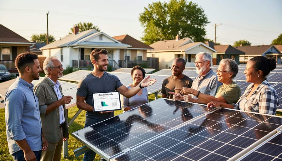 People meeting outdoors near a shared solar installation on a community building