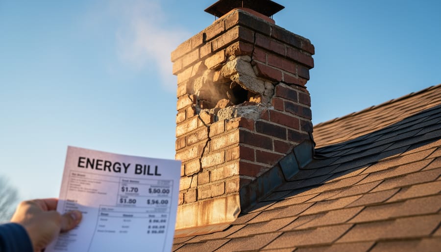 Weathered brick chimney on residential roof showing gaps and deterioration that cause energy loss
