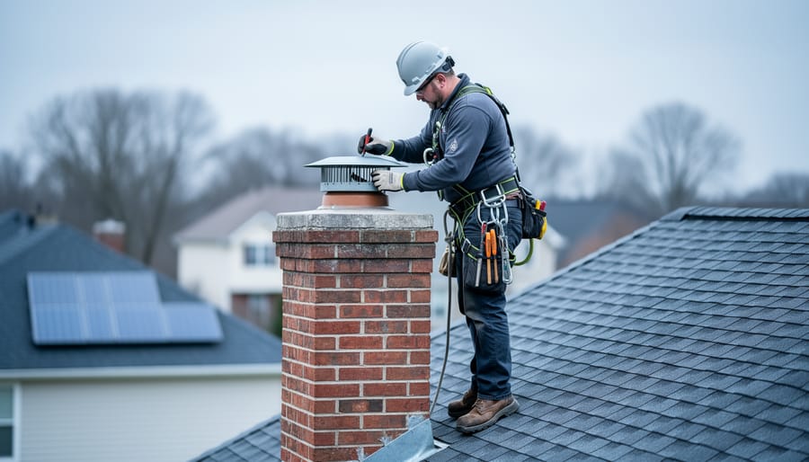 Technician in safety harness installing a top-sealing damper on a brick chimney atop a suburban roof under overcast light, with roof shingles, faint solar panels, and leafless trees softly blurred in the background.