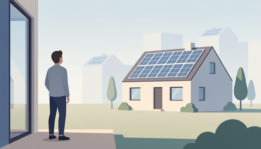 A homeowner standing indoors near a window with rooftop solar panels visible outside