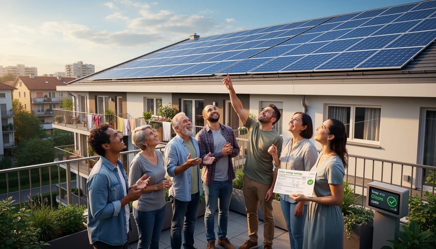 Solar panels installed on a social housing building roof in the UK