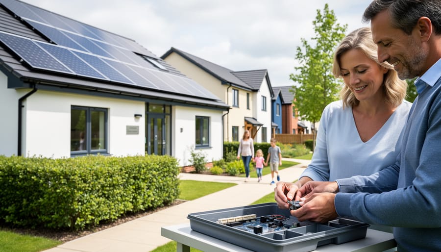 Solar panels on a UK community centre roof beside a housing estate, with people in the foreground symbolizing community investment in renewable energy.