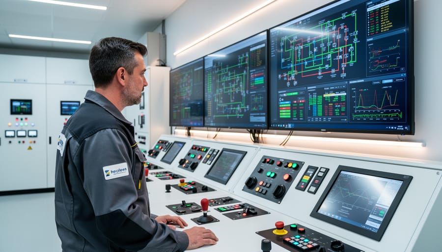Power plant operator in a clean energy control room monitoring equipment at a console