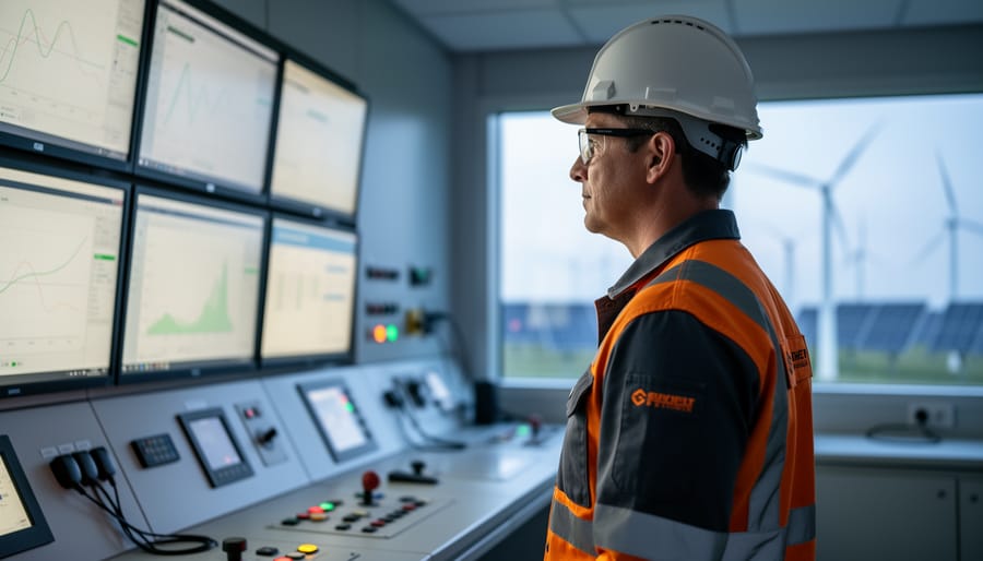A clean energy plant operator in FR workwear and a hard hat monitoring equipment from inside a modern control room with large screens.