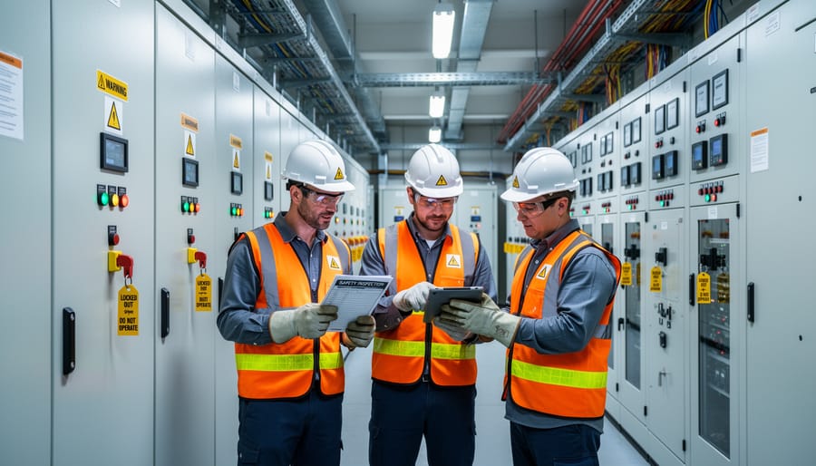 Plant operators performing a safety inspection next to electrical switchgear cabinets