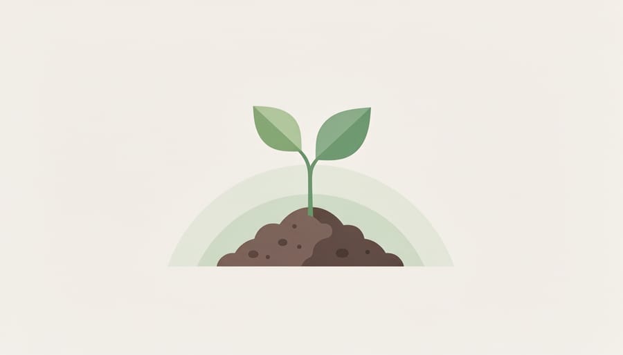 Hands holding a small seedling above dark soil with warm light and soft greenery background