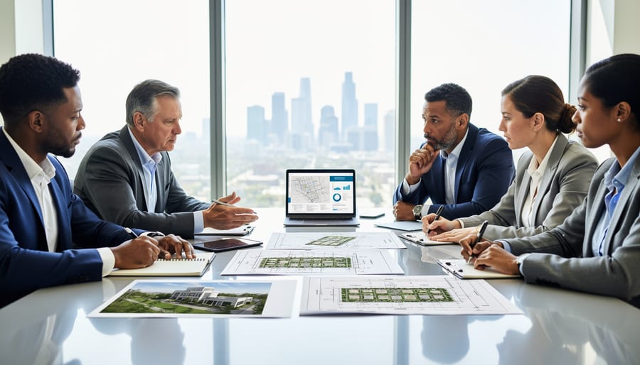 Diverse nonprofit board members reviewing property documents in a boardroom during a decision meeting