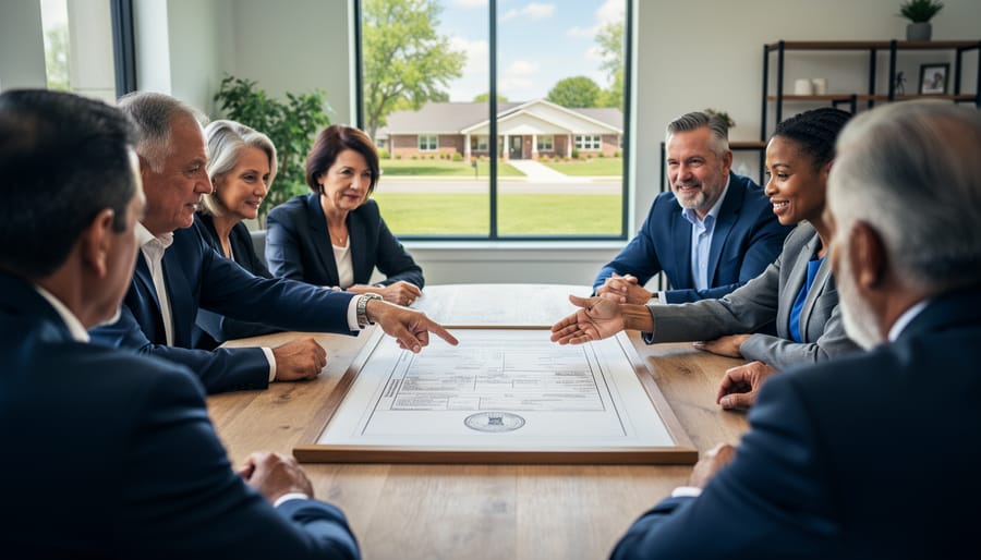 Diverse nonprofit board members seated at a table reviewing property documents with a community building and green landscape visible through a window in the background.