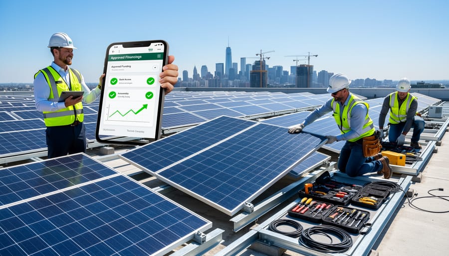 Solar technician installing panels on a rooftop during golden hour