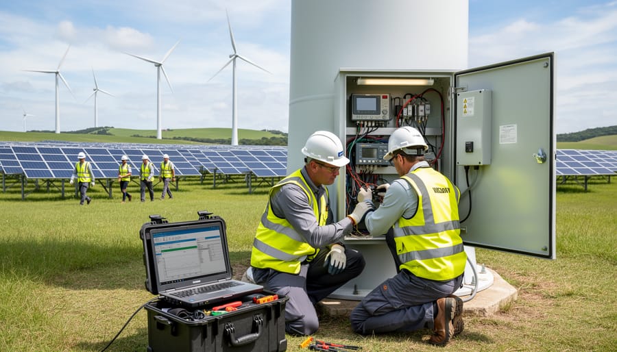 Wind turbine technician inspecting equipment at the base of a wind turbine under an overcast sky